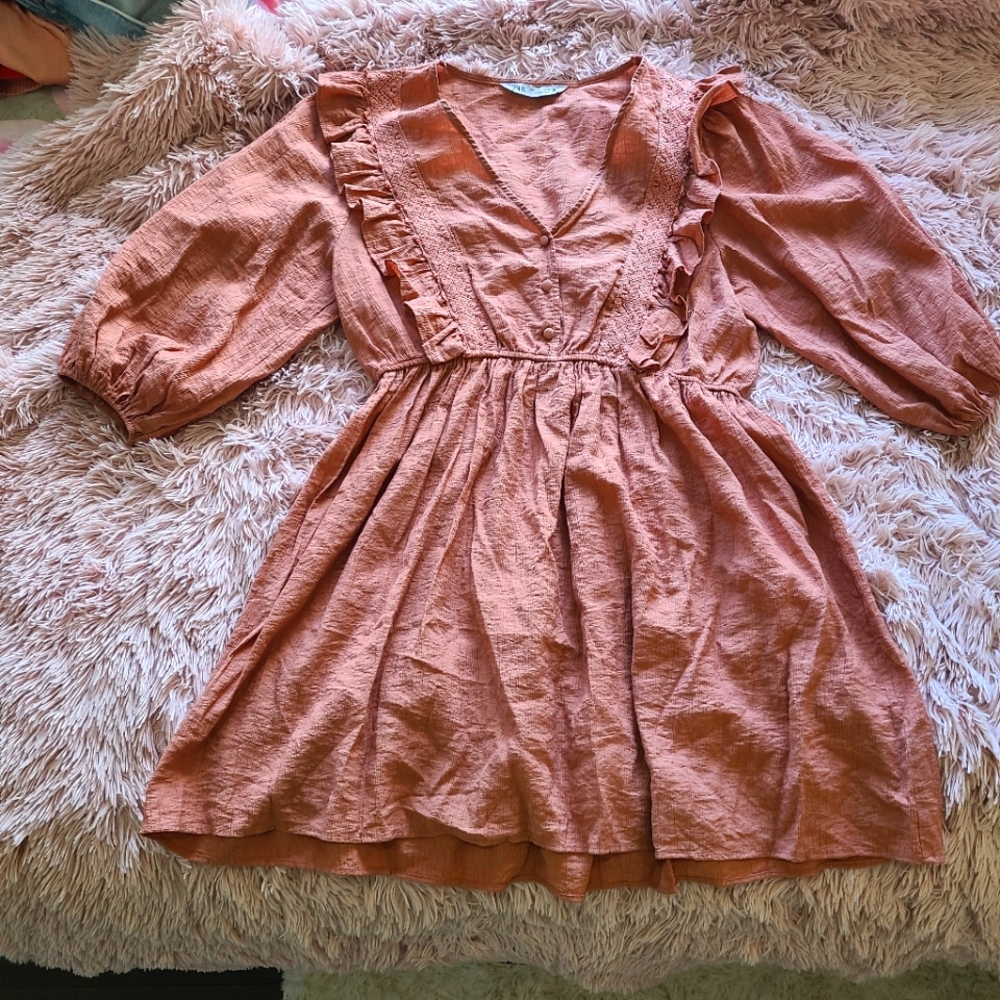 L Zara pink ruffled button down 3/4 sleeve dress